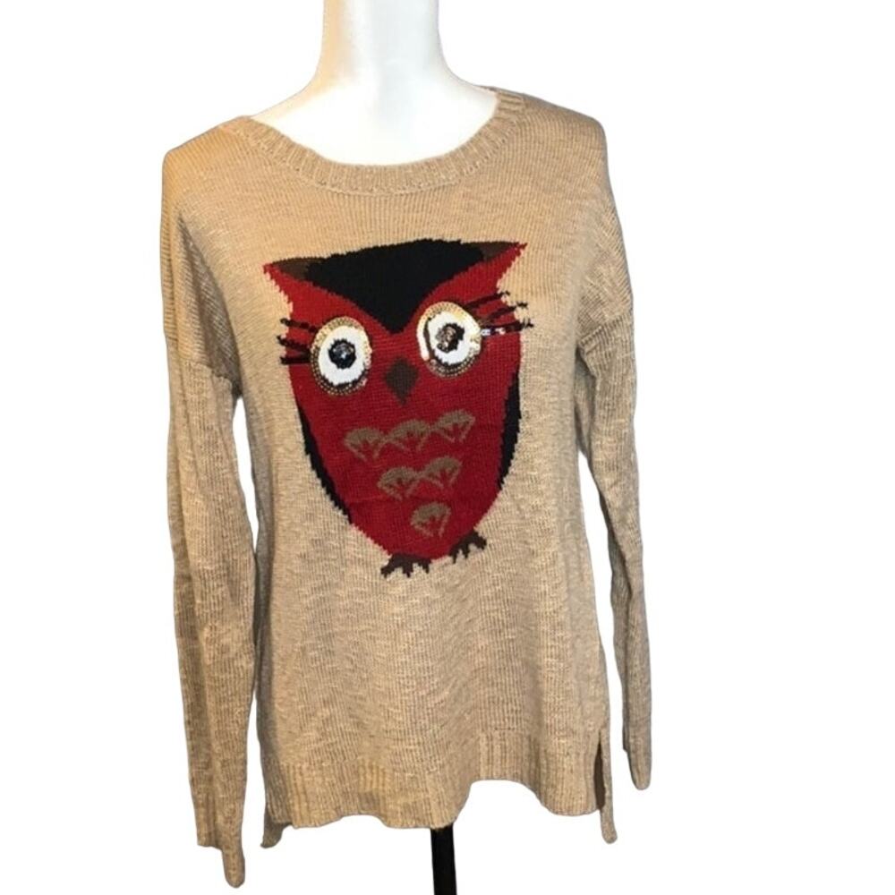 New Directions Sequined Owl Sweater Size Large